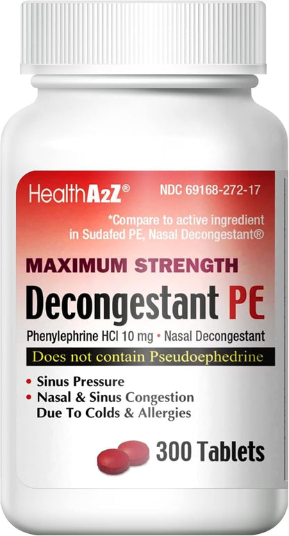 HealthA2Z Decongestant PE – Phenylephrine 10 mg, Maximum Strength (300 Count)