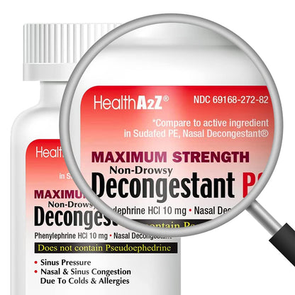 HealthA2Z Decongestant PE - Phenylephrine HCl 10 mg, Maximum Strength Non-Drowsy Nasal & Sinus Relief (90 Count)