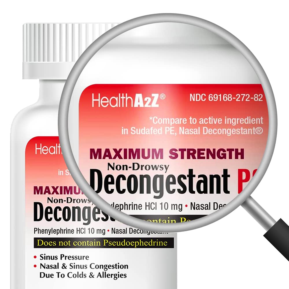 HealthA2Z Decongestant PE - Phenylephrine HCl 10 mg, Maximum Strength Non-Drowsy Nasal & Sinus Relief (90 Count)