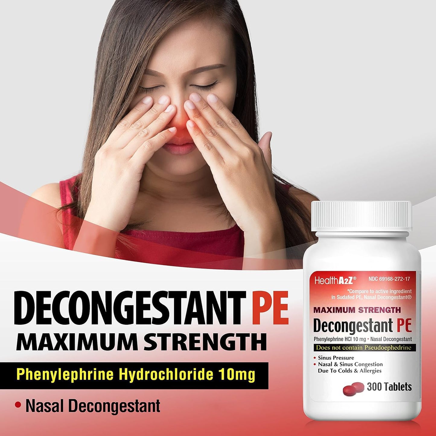 HealthA2Z Decongestant PE | Phenylephrine HCl 10 mg | Maximum Strength Nasal & Sinus Relief (300 Count, Pack of 2)