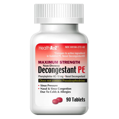 HealthA2Z Decongestant PE - Phenylephrine HCl 10 mg, Maximum Strength Non-Drowsy Nasal & Sinus Relief (90 Count)