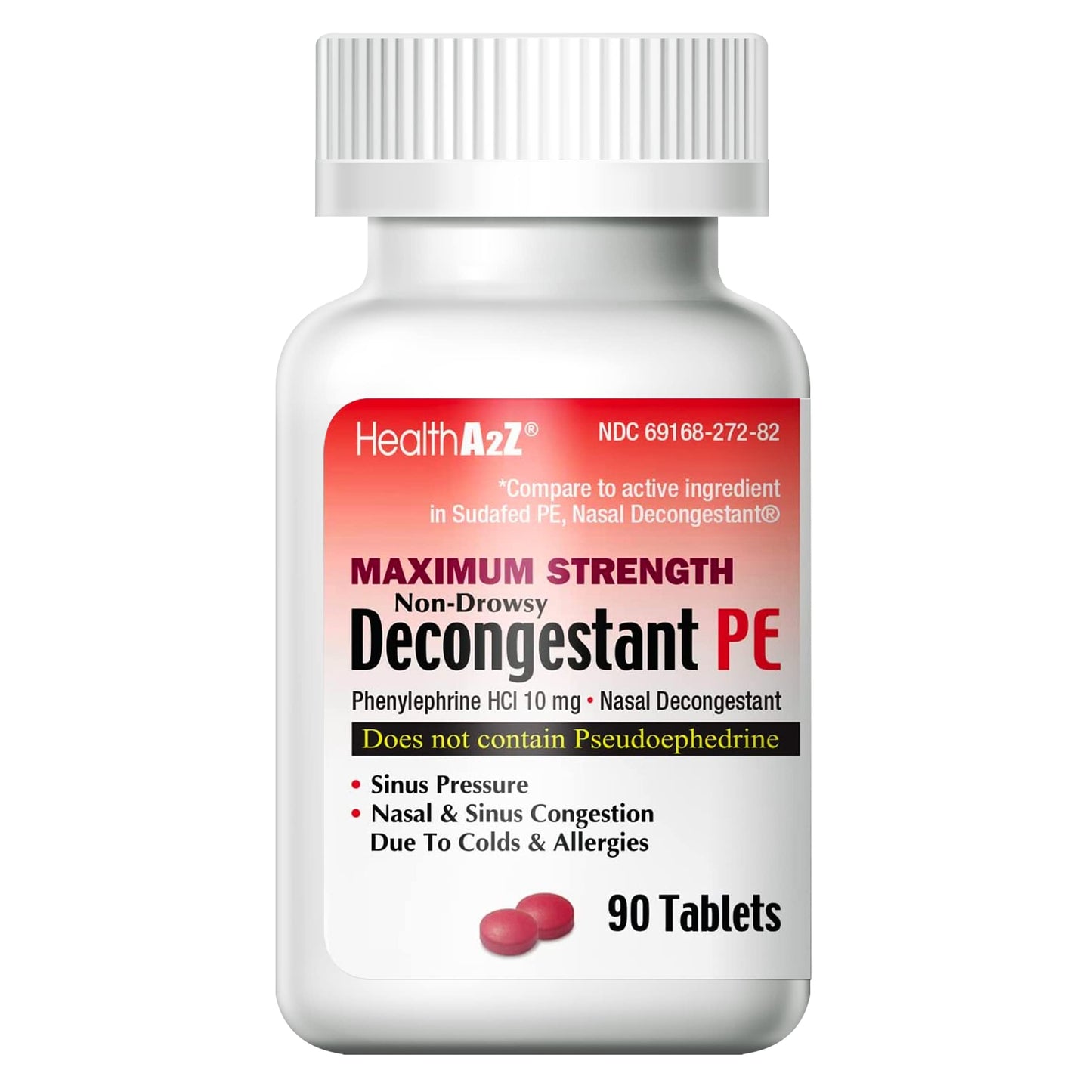 HealthA2Z Decongestant PE - Phenylephrine HCl 10 mg, Maximum Strength Non-Drowsy Nasal & Sinus Relief (90 Count)