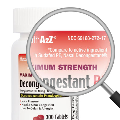 HealthA2Z Decongestant PE – Phenylephrine 10 mg, Maximum Strength (300 Count)