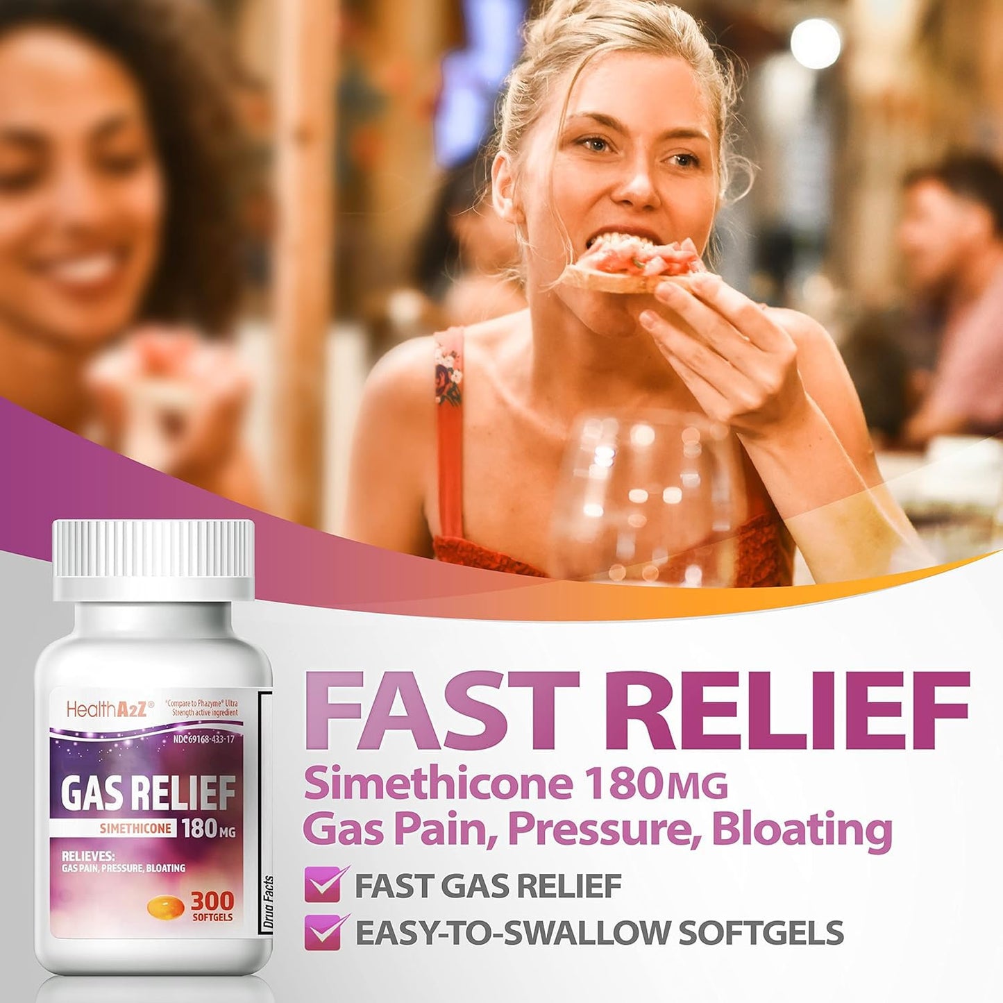 HealthA2Z Gas Relief Simethicone 180mg – 300 Count | Fast Gas Relief & Digestive Comfort