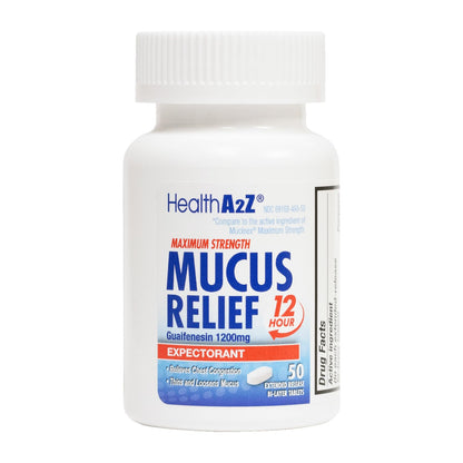 HealthA2Z Mucus Relief – Guaifenesin 1200 mg, 50 Tablets, 12-Hour Expectorant