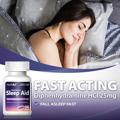 HealthA2Z Sleep Aid Softgels – Diphenhydramine HCl 25 mg, Non-Habit Forming, 96 Softgels