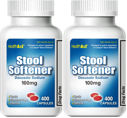 HealthA2Z Stool Softener | Docusate Sodium 100 mg | Red Capsules (400 Count Pack of 2)