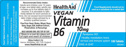 Health Aid Vitamin B6 (Pyridoxine HCl) 10mg – 100 Tablets