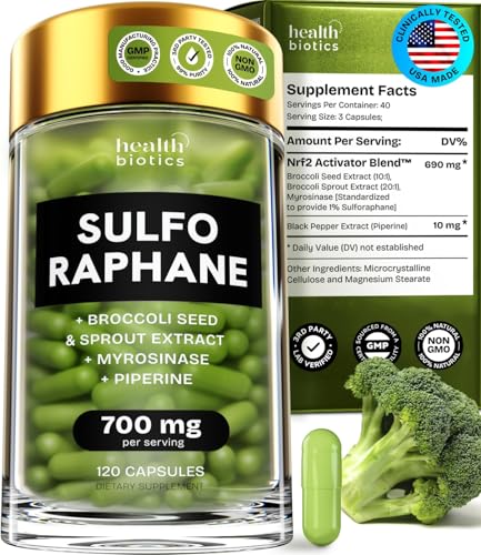 Healthbiotics Sulforaphane Supplement Organic Broccoli Sprouts – Stabilized Sulforaphane for Kids & Adults | 120 Pills | 1 Pack