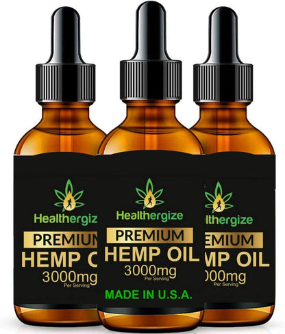 Healthergize Hemp Oil Premium, Non-GMO, Unrefined with Full Flavor and Natural Benefits, for Calm, Sleep, Discomfort - Product of The USA