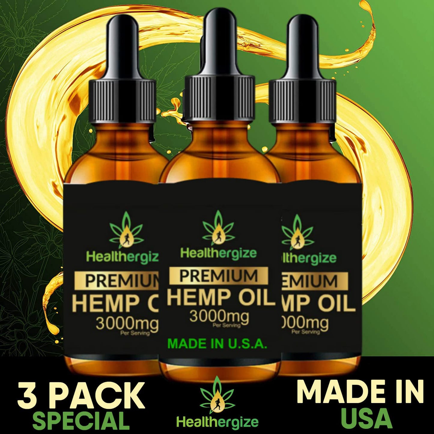 Healthergize Hemp Oil Premium, Non-GMO, Unrefined with Full Flavor and Natural Benefits, for Calm, Sleep, Discomfort - Product of The USA