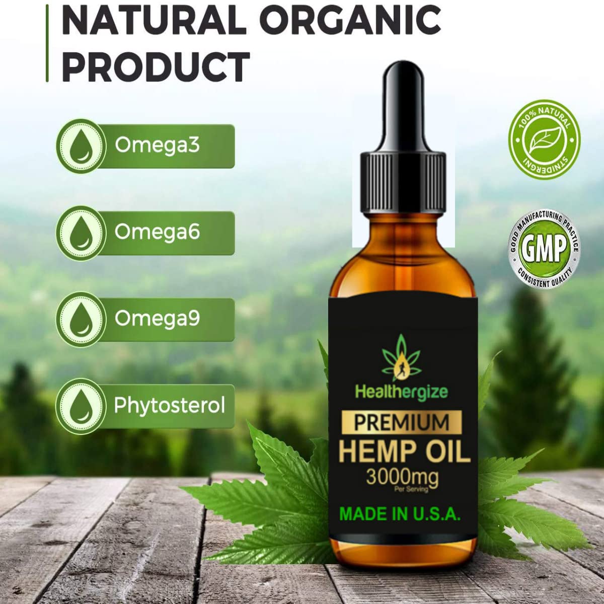 Healthergize Hemp Oil Premium, Non-GMO, Unrefined with Full Flavor and Natural Benefits, for Calm, Sleep, Discomfort - Product of The USA
