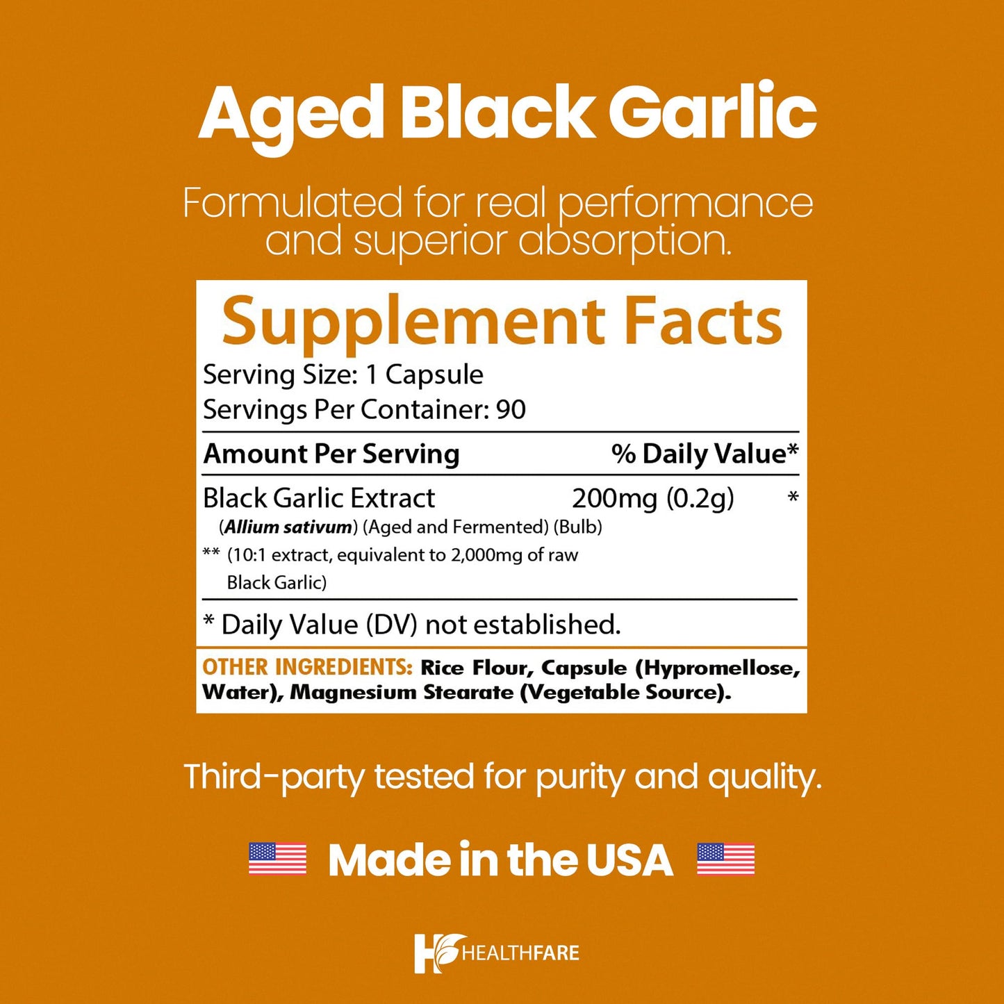 Healthfare Aged Black Garlic – 2000mg Equivalent, 90 Vegan Capsules
