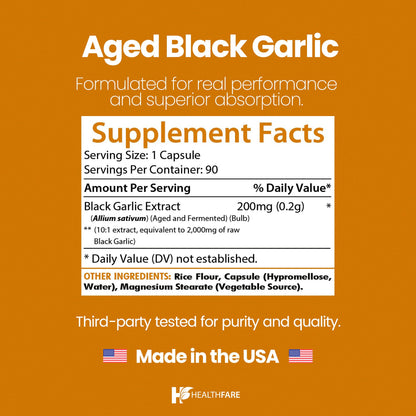 Healthfare Aged Black Garlic – 2000mg Equivalent, 90 Vegan Capsules