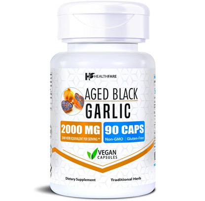 Healthfare Aged Black Garlic – 2000mg Equivalent, 90 Vegan Capsules