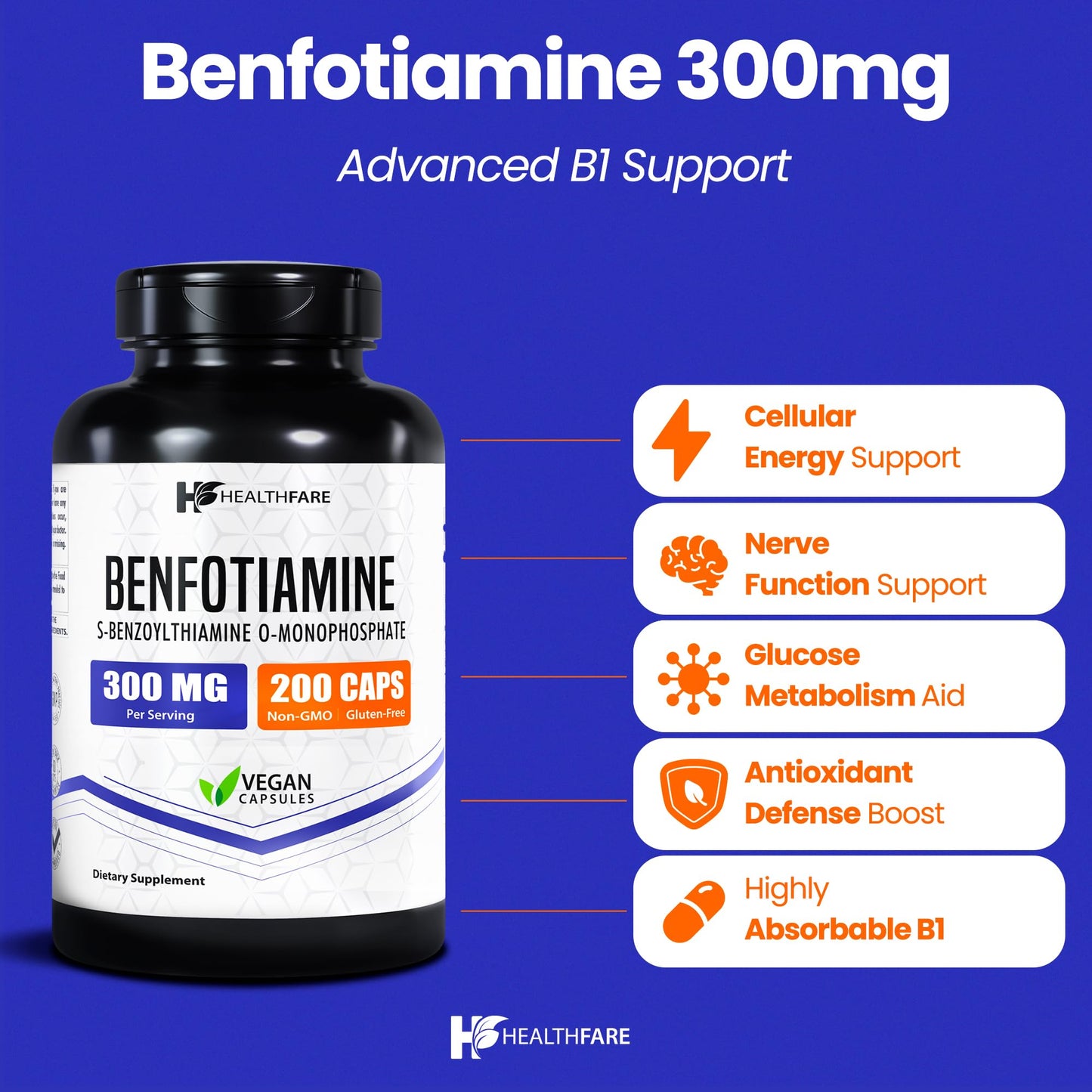 Healthfare Benfotiamine 300mg – 200 Veg Capsules | Enhanced Absorption