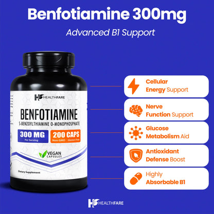 Healthfare Benfotiamine 300mg – 200 Veg Capsules | Enhanced Absorption
