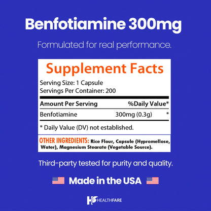 Healthfare Benfotiamine 300mg – 200 Veg Capsules | Enhanced Absorption