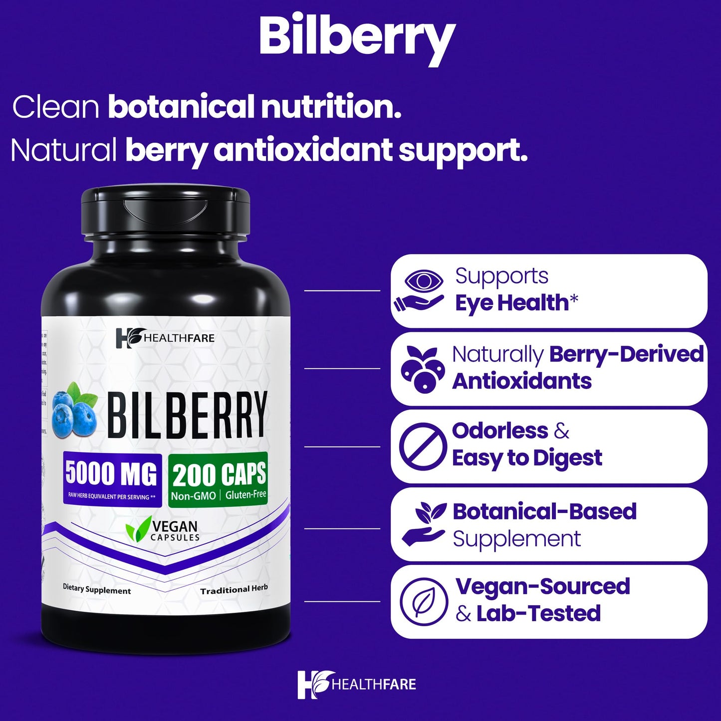 Healthfare Bilberry Eyes Supplement – 5000mg Extract, Vegan
