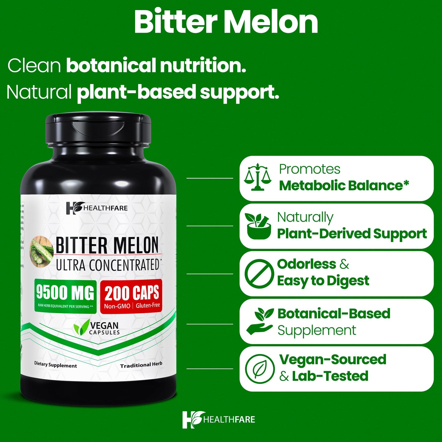 Healthfare Bitter Melon Extract 9500mg – 200 Vegan Capsules – Made in USA