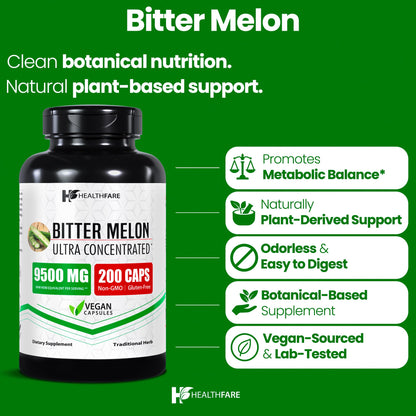 Healthfare Bitter Melon Extract 9500mg – 200 Vegan Capsules – Made in USA