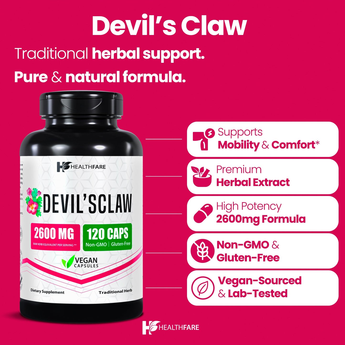 Healthfare Devils Claw Root 2600mg – 120 Vegan Capsules | Joint Support | Non-GMO, Gluten-Free | Made in USA