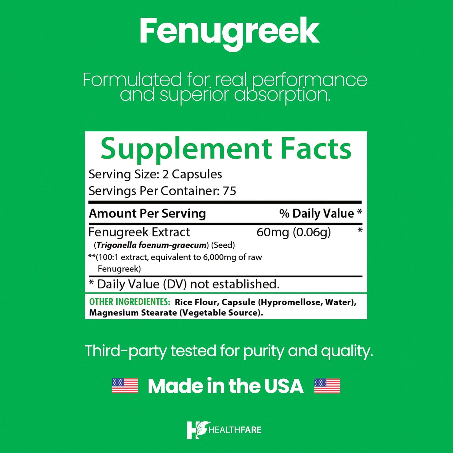 Healthfare Fenugreek Seed Extract 6000mg – 150 Vegan Capsules | Made in USA