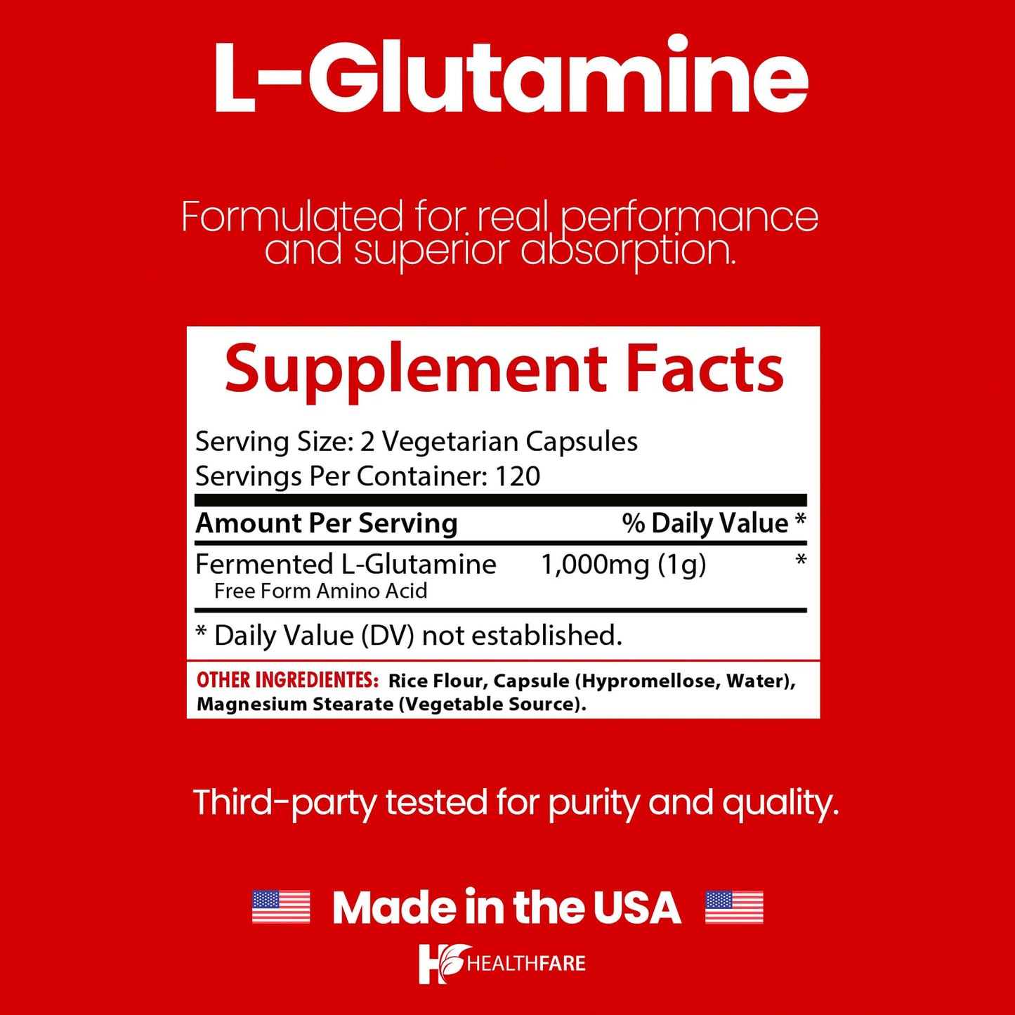 HealthFare L Glutamine 1000mg | 240 Vegan Capsules | Digestive Support & Muscle Recovery | Made in USA