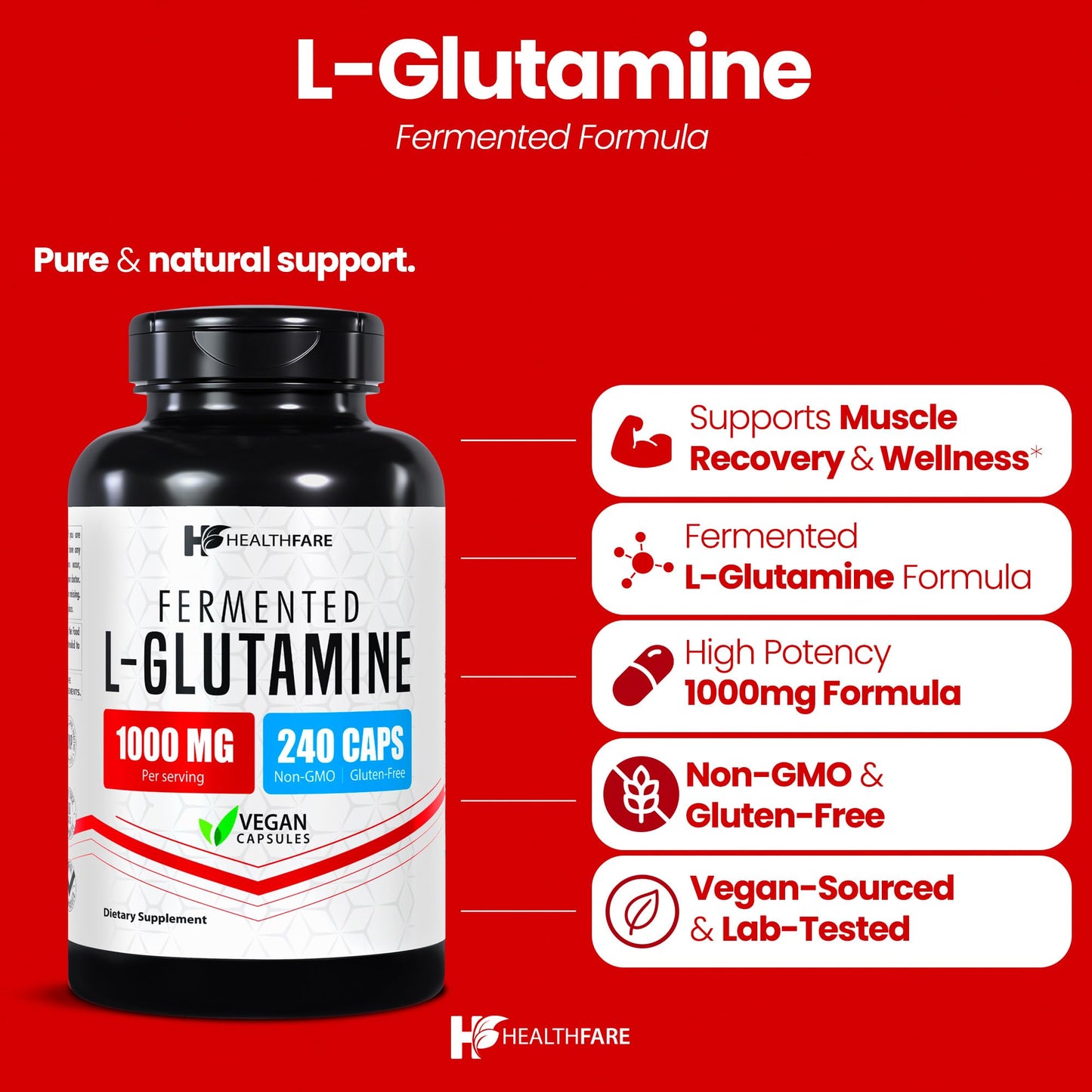 HealthFare L Glutamine 1000mg | 240 Vegan Capsules | Digestive Support & Muscle Recovery | Made in USA