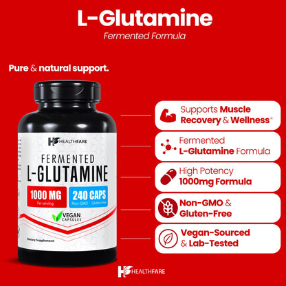 HealthFare L Glutamine 1000mg | 240 Vegan Capsules | Digestive Support & Muscle Recovery | Made in USA