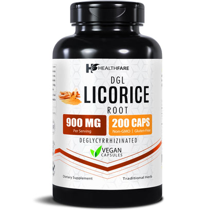 Healthfare Licorice Root Extract 900mg | DGL Supplement – 200 Vegan Capsules | Made in USA
