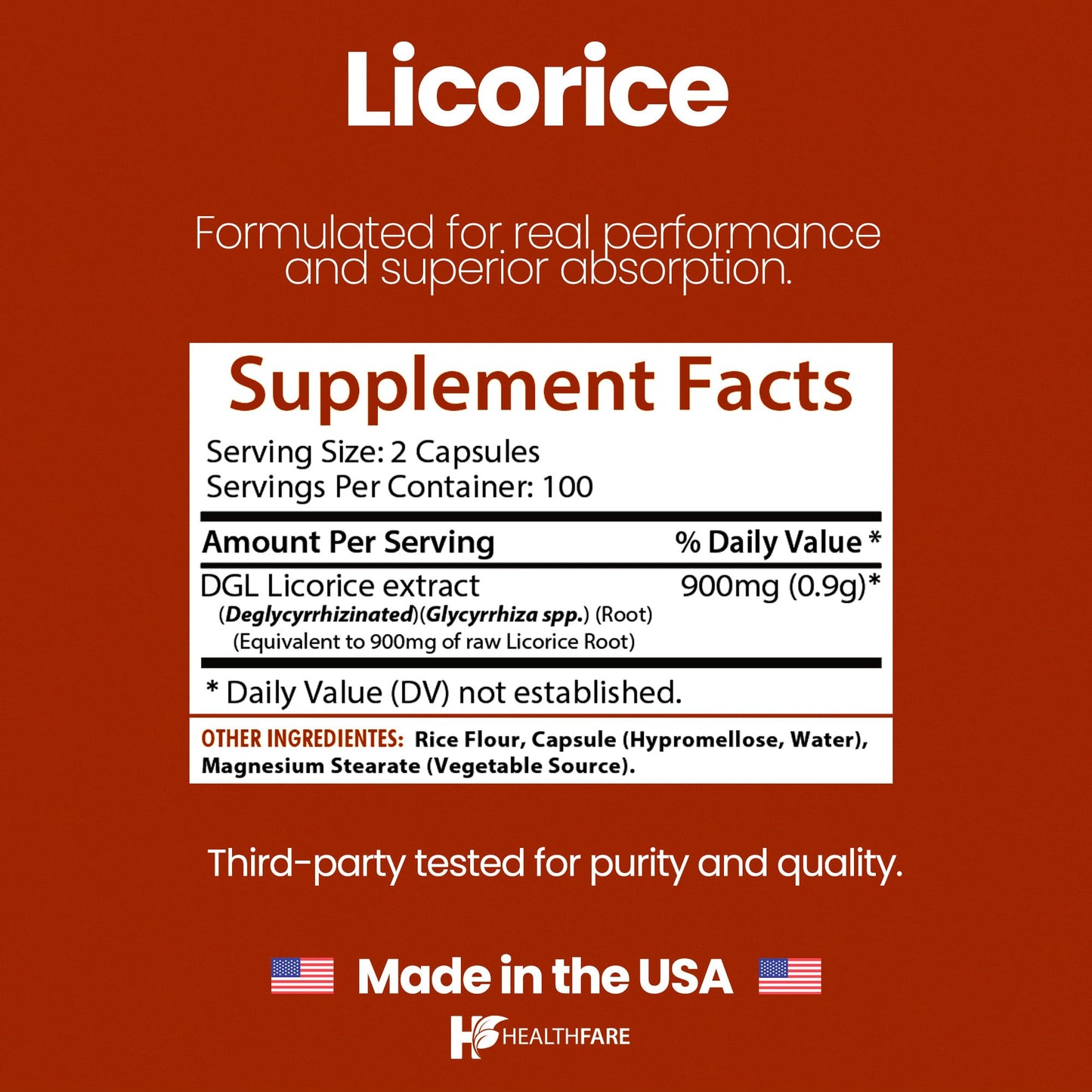 Healthfare Licorice Root Extract 900mg | DGL Supplement – 200 Vegan Capsules | Made in USA