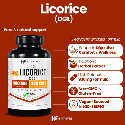 Healthfare Licorice Root Extract 900mg | DGL Supplement – 200 Vegan Capsules | Made in USA
