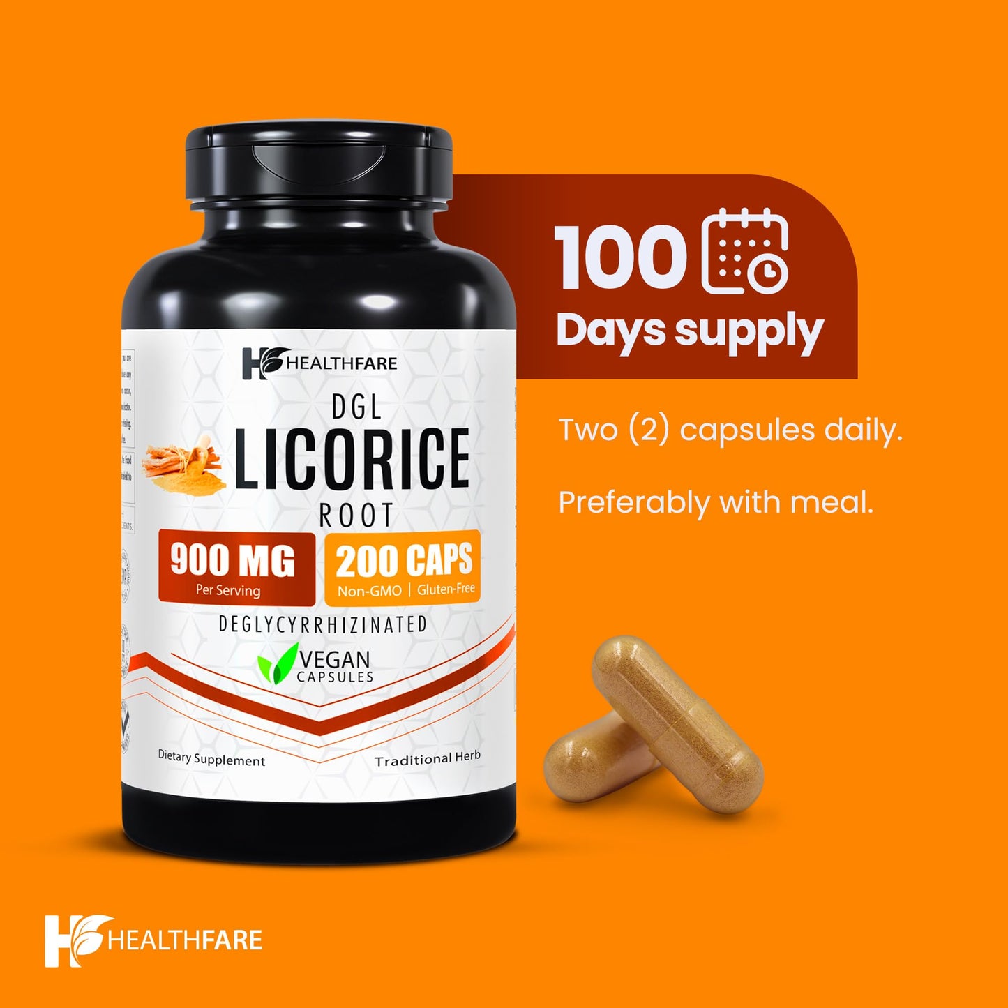 Healthfare Licorice Root Extract 900mg | DGL Supplement – 200 Vegan Capsules | Made in USA