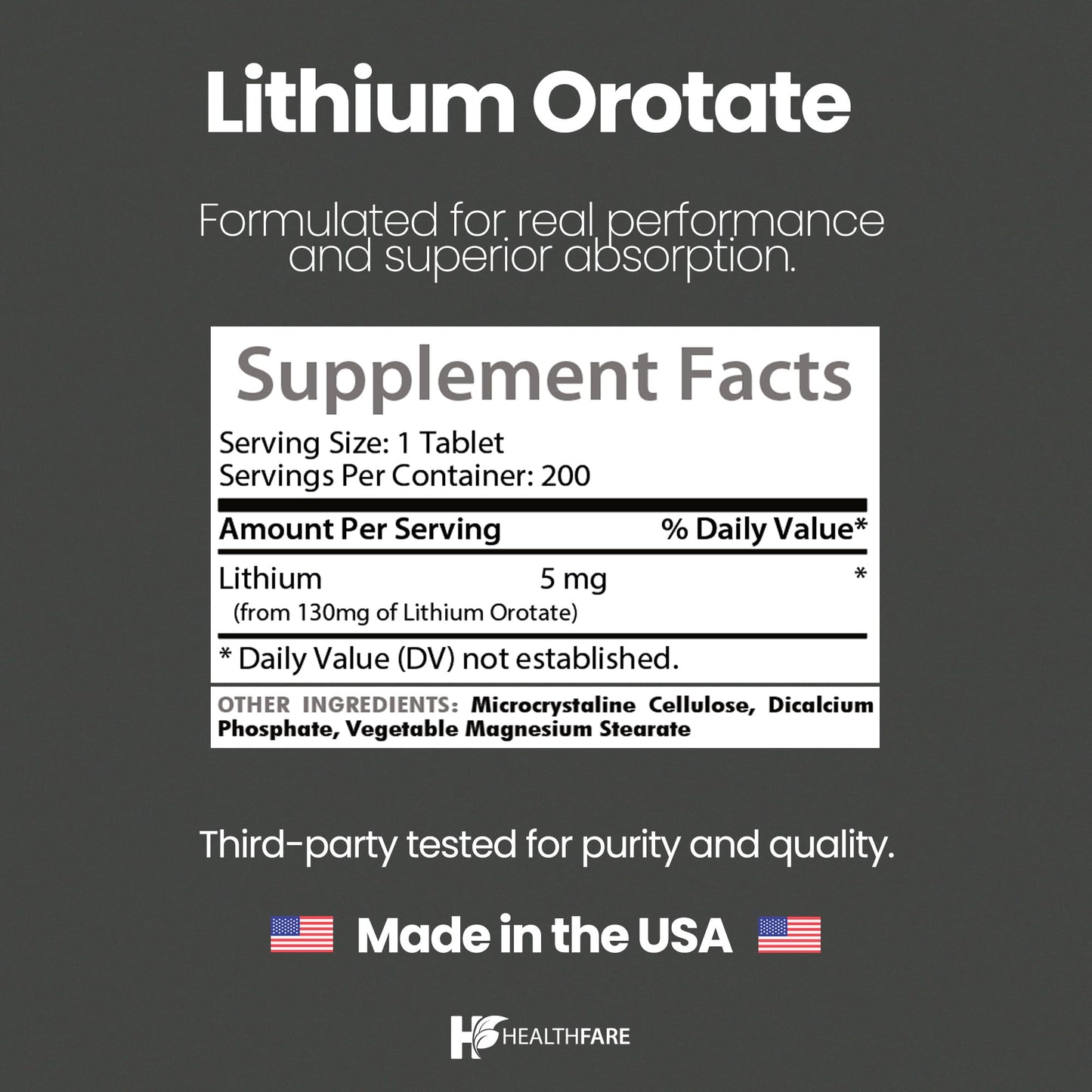 HealthFare Lithium Orotate 130mg | 200 Tablets | Made in USA
