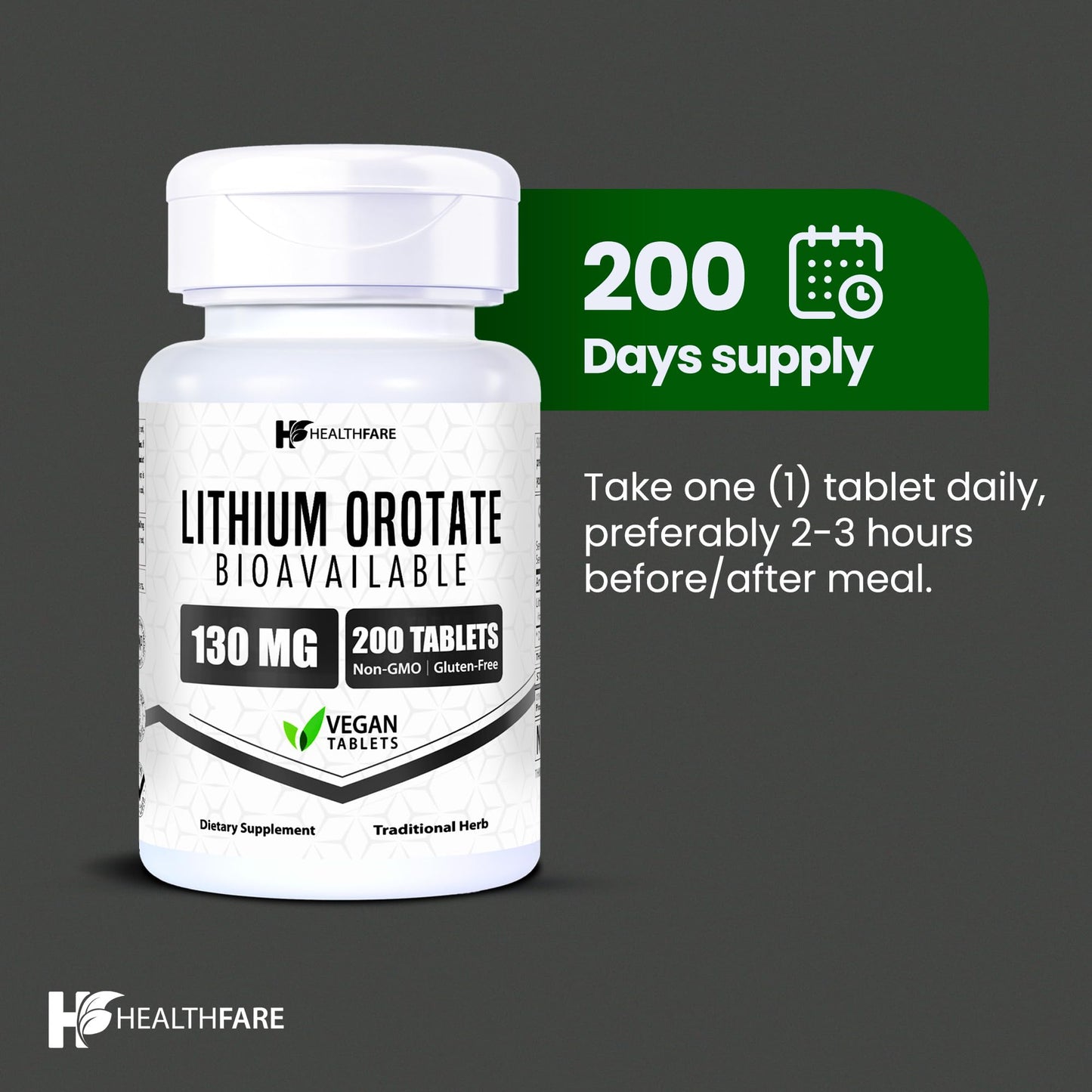 HealthFare Lithium Orotate 130mg | 200 Tablets | Made in USA