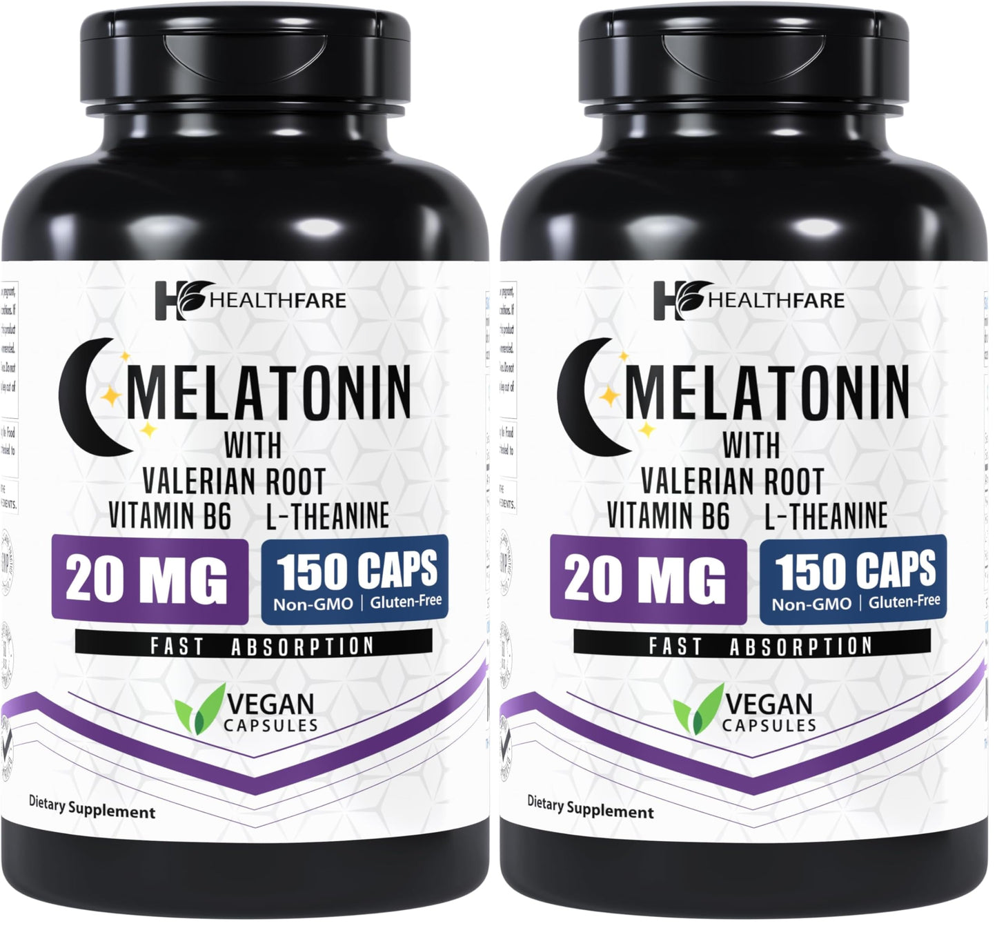 Healthfare Melatonin 20mg | 150 Veg Capsules | Complex with L-Theanine | Valerian Root & Vitamin B6 | Vegetarian Formula | Non-GMO | Gluten-Free | Made in The USA (Pack of 2)