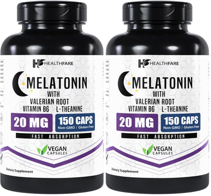 Healthfare Melatonin 20mg | 150 Veg Capsules | Complex with L-Theanine | Valerian Root & Vitamin B6 | Vegetarian Formula | Non-GMO | Gluten-Free | Made in The USA (Pack of 2)