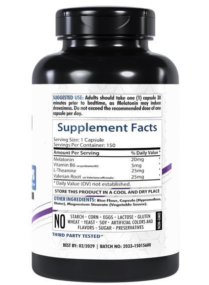 Healthfare Melatonin 20mg | 150 Veg Capsules | Complex with L-Theanine | Valerian Root & Vitamin B6 | Vegetarian Formula | Non-GMO | Gluten-Free | Made in The USA (Pack of 2)