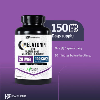 Healthfare Melatonin 20mg | 150 Veg Capsules | Complex with L-Theanine | Valerian Root & Vitamin B6 | Vegetarian Formula | Non-GMO | Gluten-Free | Made in The USA (Pack of 2)