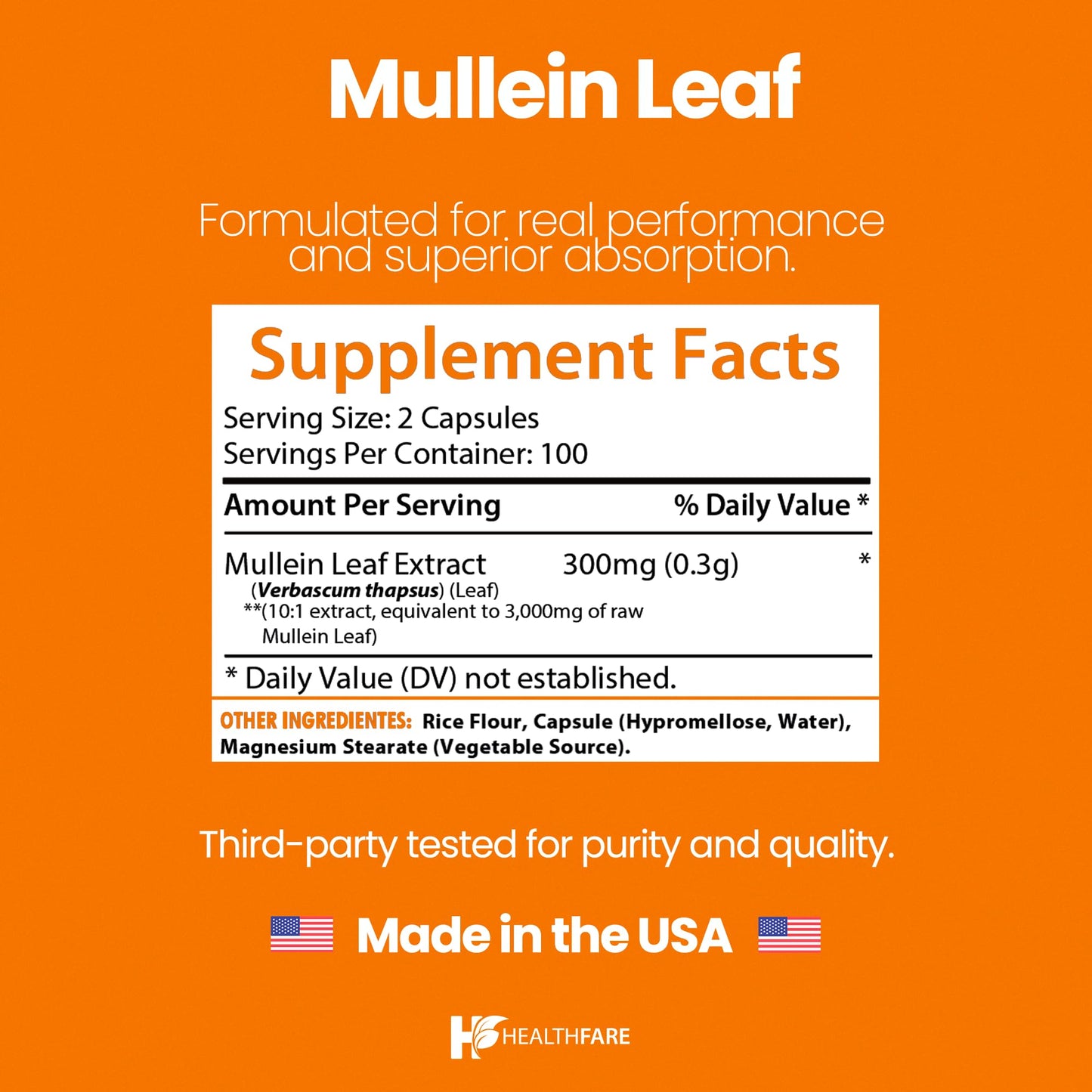 Healthfare Mullein Leaf Extract 3000mg | 200 Vegan Capsules | Extra Strength Herbal Supplement | Non-GMO, Gluten-Free | Made in USA