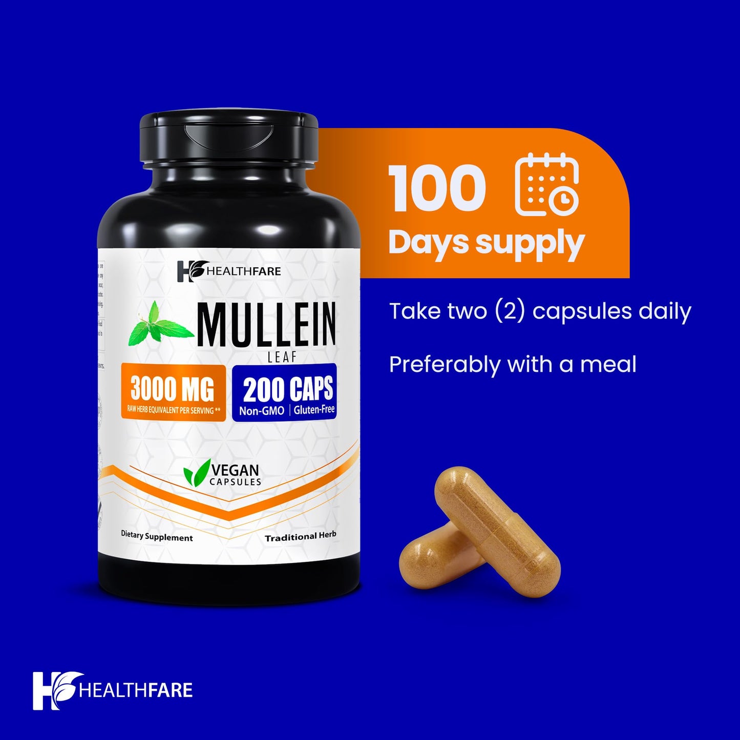 Healthfare Mullein Leaf Extract 3000mg | 200 Vegan Capsules | Extra Strength Herbal Supplement | Non-GMO, Gluten-Free | Made in USA