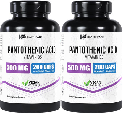 Healthfare Pantothenic Acid 500mg – 200 Veg Capsules | Energy & Skin Health | Non-GMO | Made in USA | Pack of 2