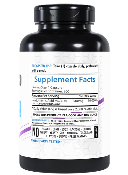 Healthfare Pantothenic Acid 500mg – 200 Veg Capsules | Energy & Skin Health | Non-GMO | Made in USA | Pack of 2