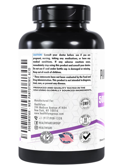 Healthfare Pantothenic Acid 500mg – 200 Veg Capsules | Energy & Skin Health | Non-GMO | Made in USA | Pack of 2