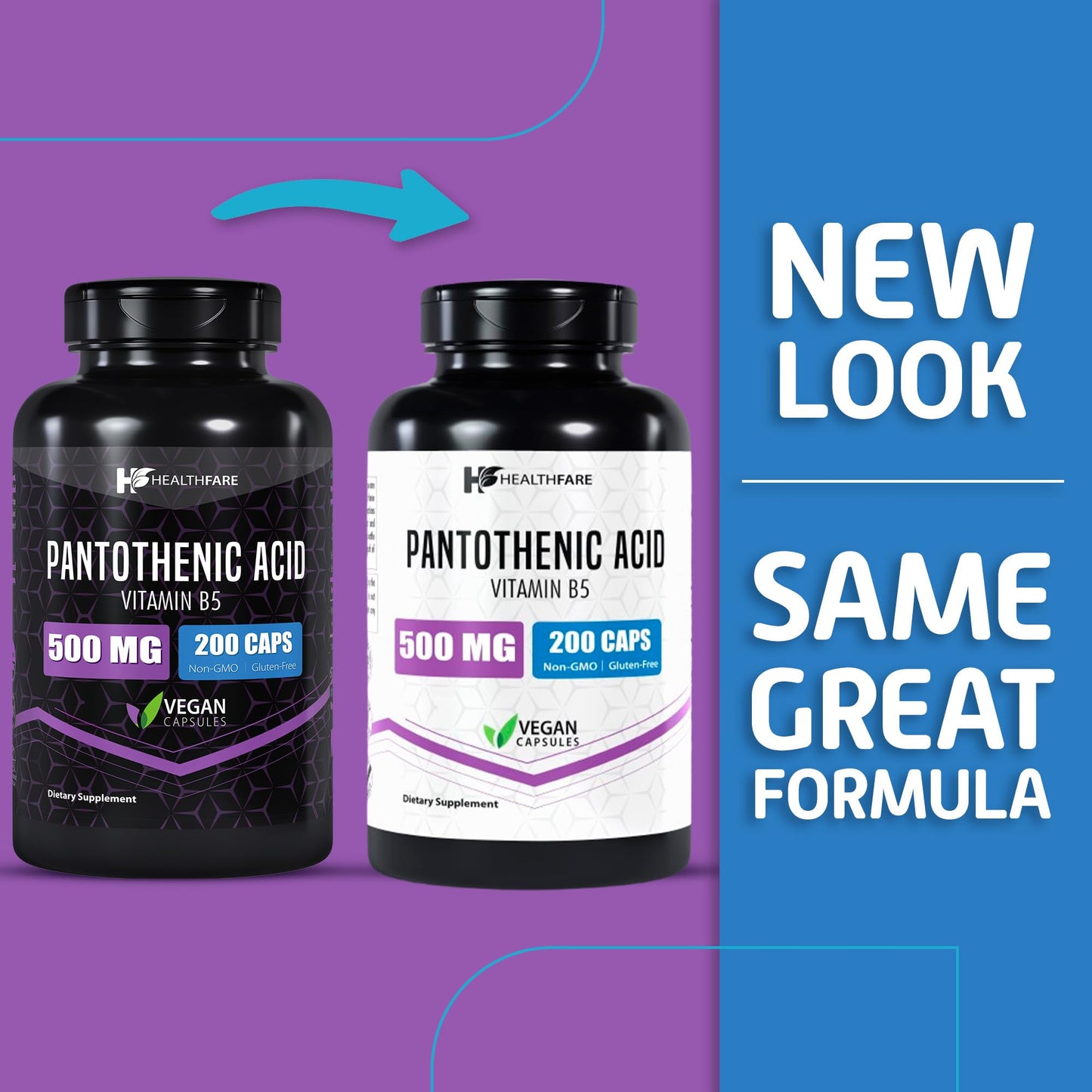 Healthfare Pantothenic Acid 500mg – 200 Veg Capsules | Energy & Skin Health | Non-GMO | Made in USA | Pack of 2