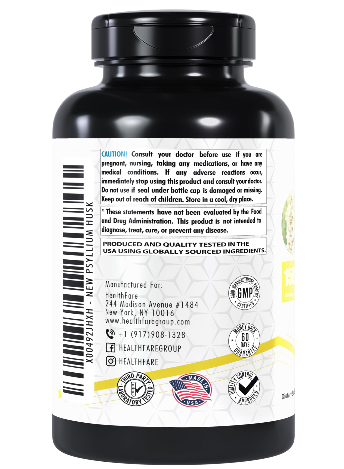 Healthfare Psyllium Husk Capsules 1500mg – 240 Veg Caps – Gluten-Free & Non-GMO Pack of 2