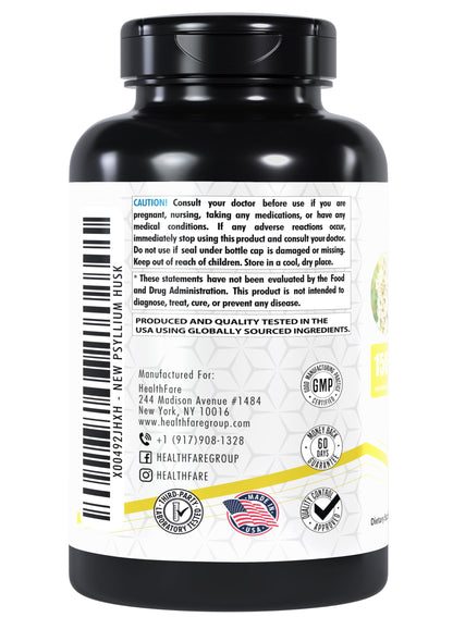 Healthfare Psyllium Husk Capsules 1500mg – 240 Veg Caps – Gluten-Free & Non-GMO Pack of 2