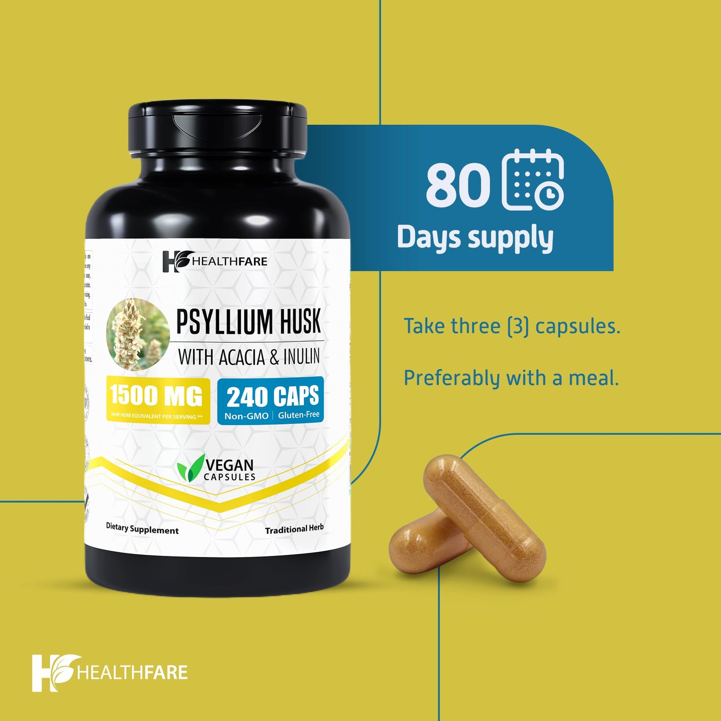 Healthfare Psyllium Husk Capsules 1500mg – 240 Veg Caps – Gluten-Free & Non-GMO Pack of 2