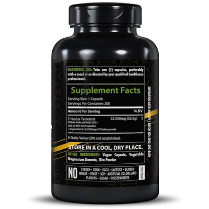 HealthFare Tribulus Terrestris for Men & Women | 32,500mg Ultra Potency Extract | 95% Saponins | 200 Capsules | Natural Strength, Energy & Stamina | Non-GMO, Gluten-Free, Made in USA